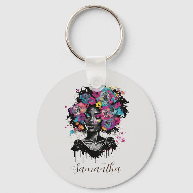 Floral Classy Afro Woman Key Ring (Front)