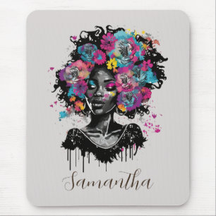 Floral Classy Afro Woman Mouse Mat