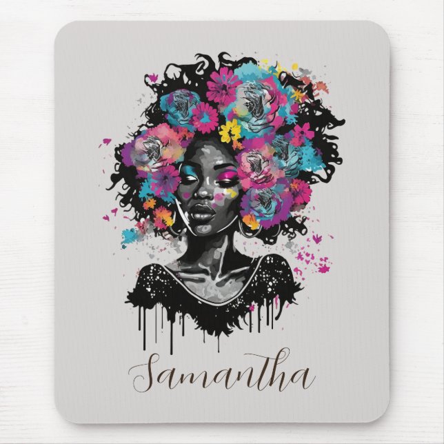 Floral Classy Afro Woman Mouse Mat (Front)