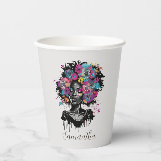 Floral Classy Afro Woman Paper Cups (Front)