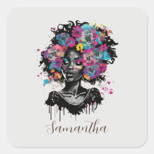 Floral Classy Afro Woman Square Sticker