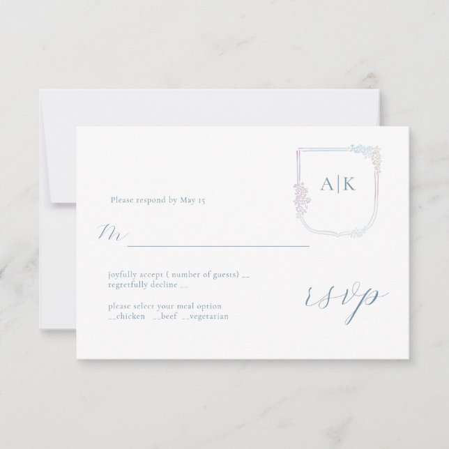 Floral Coat of Arms Boho Wreath Wedding RSVP Card (Front)