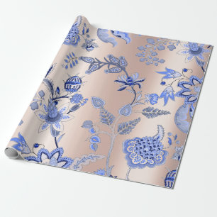 Floral Cobalt Blue Pink Rose Pearly Blush Orichid Wrapping Paper