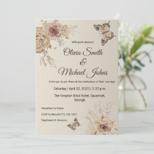 Floral Coffee Cream elegant Butterfly boho Wedding Invitation