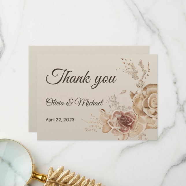 Floral Coffee Cream elegant Butterfly boho Wedding Thank You Card (Front/Back In Situ)