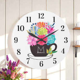 Floral Coffee Cup Red Pink White Kitchen Large Clock