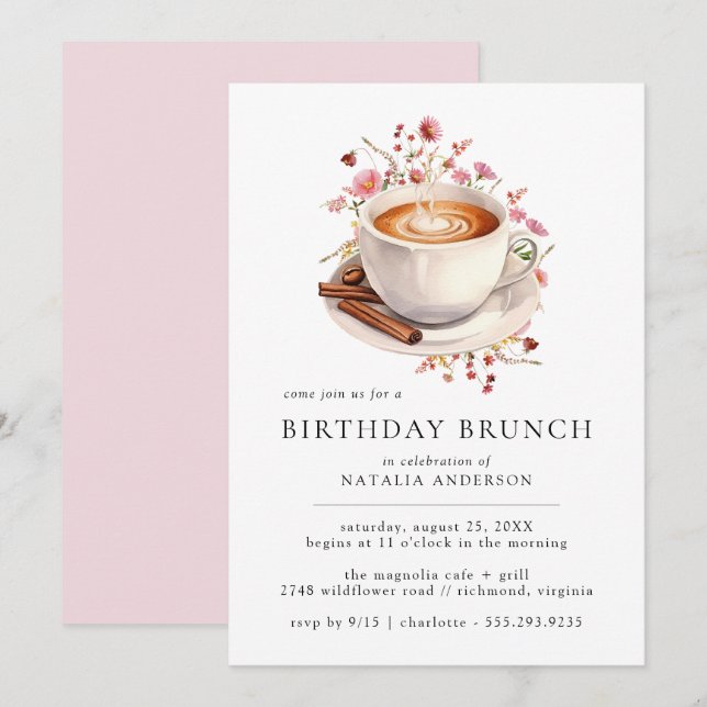 Floral Coffee | Cute Girly Pink Birthday Brunch Invitation (Front/Back)