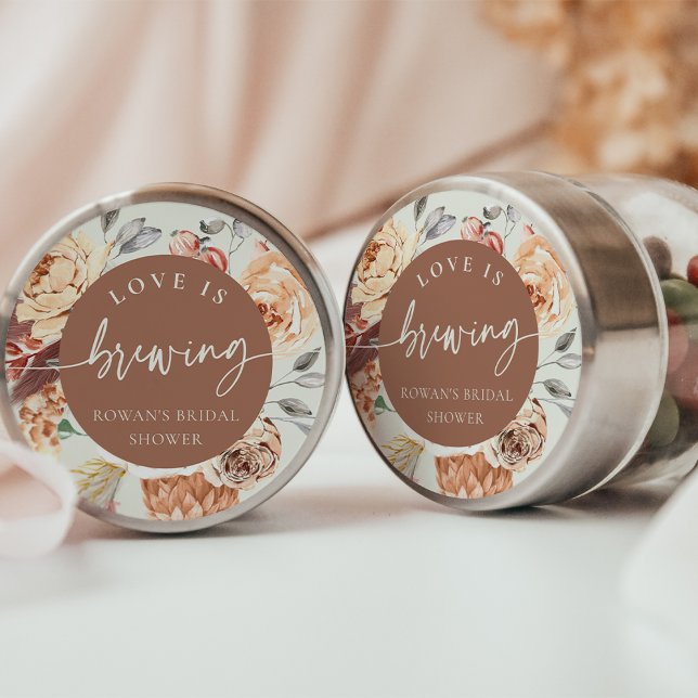 Floral Coffee Theme Love is Brewing Bridal Shower Classic Round Sticker (Creator Uploaded)