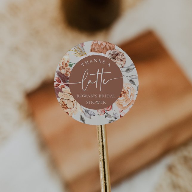 Floral Coffee Theme "Thanks a Latte" Bridal Shower Classic Round Sticker (Creator Uploaded)