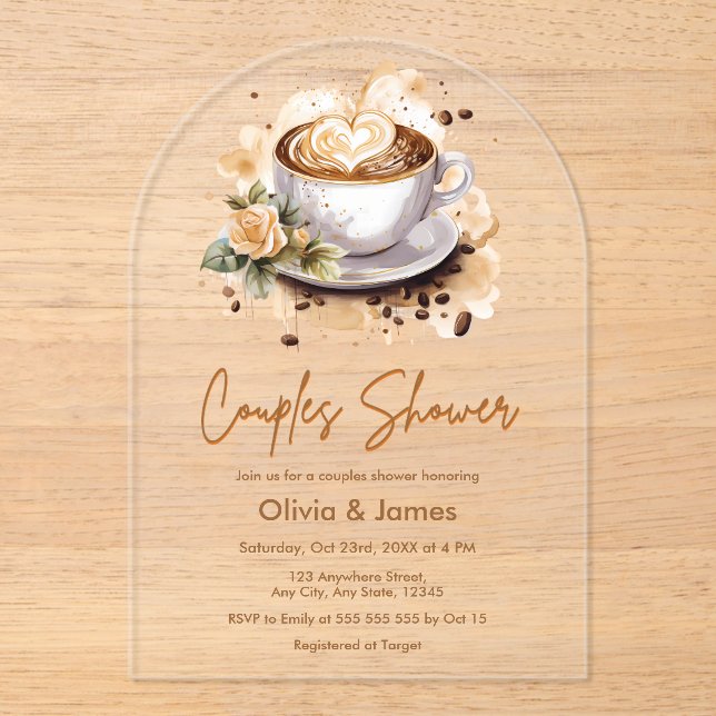 Floral Coffee Wedding Couples Bridal Shower  Acrylic Invitations (Front)