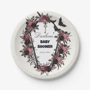 Floral Coffin Halloween Baby Shower Paper Plate
