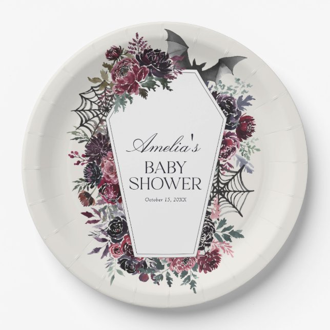 Floral Coffin Halloween Baby Shower Paper Plate (Front)