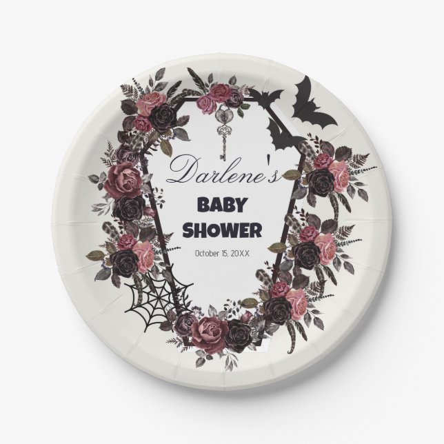 Floral Coffin Halloween Baby Shower Paper Plate (Front)