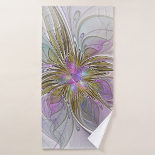 Floral Colorful Abstract Fractal With Pink & Gold Bath Towel