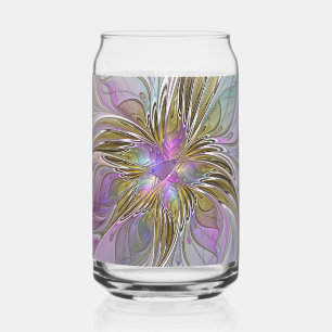 Floral Colorful Abstract Fractal With Pink & Gold Can Glass