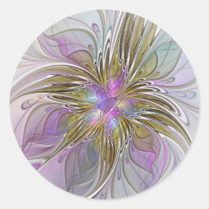 Floral Colorful Abstract Fractal With Pink & Gold Classic Round Sticker