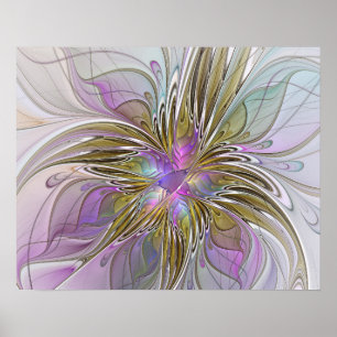 Floral Colorful Abstract Fractal With Pink & Gold Poster