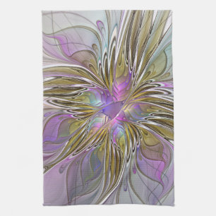 Floral Colorful Abstract Fractal With Pink & Gold Tea Towel