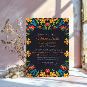 Floral Colorful Botanical Flowers Spanish Wedding Invitation