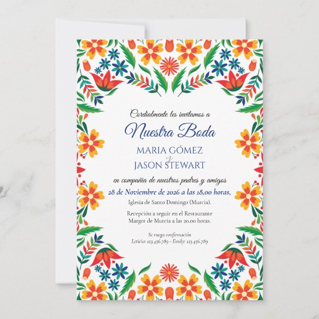Floral Colorful Botanical Flowers Spanish Wedding Invitation (Front)