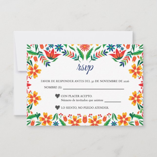 Floral Colorful Botanical Flowers Spanish Wedding RSVP Card (Front)