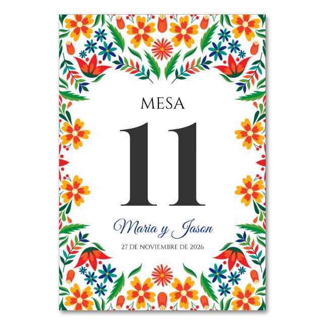 Floral Colorful Botanical Flowers Spanish Wedding Table Number (Front)