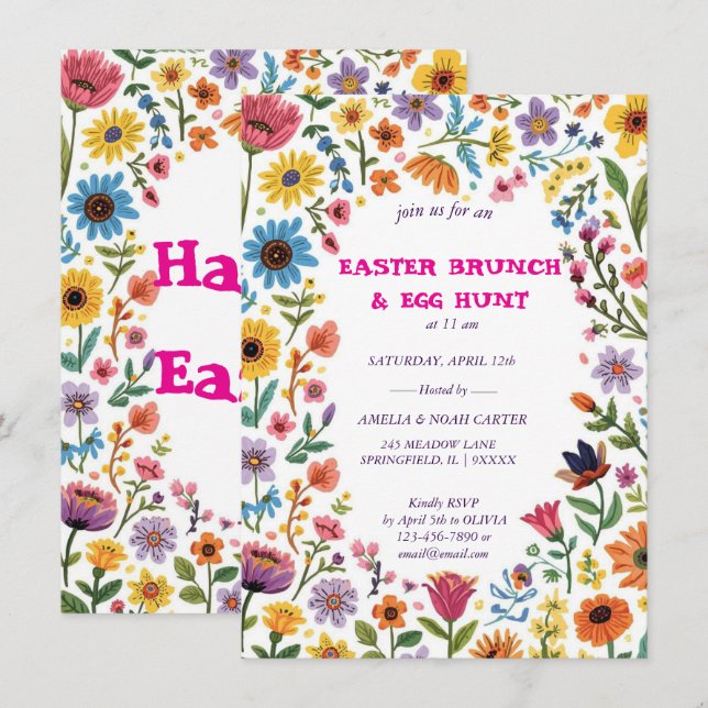 Floral Colorful Easter BRUNCH & HUNT Invitation (Front/Back)