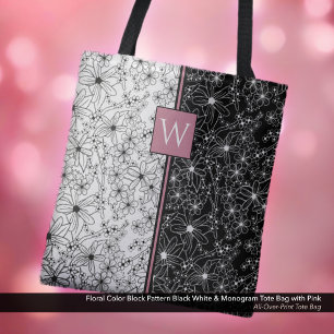 Floral Colour Block Pattern Black White & Monogram Tote Bag