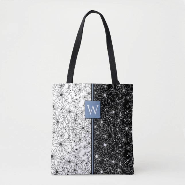 Floral Colour Block Pattern Black White & Monogram Tote Bag (Front)