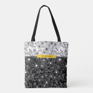 Floral Colour Block Pattern Black White with Name Tote Bag