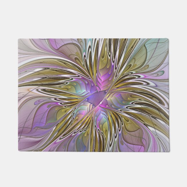 Floral Colourful Abstract Fractal Art Pink & Gold Doormat (Front)