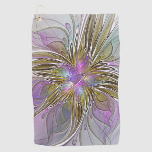 Floral Colourful Abstract Fractal Art Pink & Gold Golf Towel