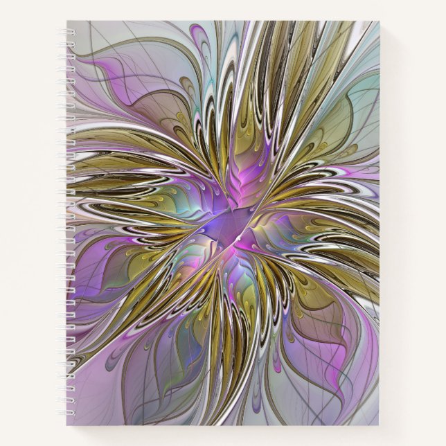 Floral Colourful Abstract Fractal Art Pink & Gold Notebook (Front)