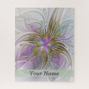 Floral Colourful Abstract Fractal Pink & Gold Name Jigsaw Puzzle