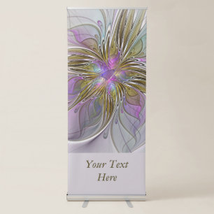 Floral Colourful Abstract Fractal Pink & Gold Text Retractable Banner