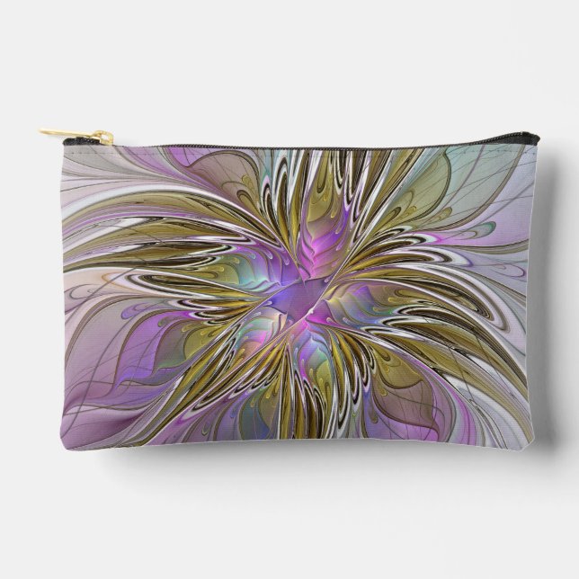Floral Colourful Abstract Fractal With Pink & Gold Accessory Pouch (Front)