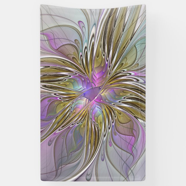 Floral Colourful Abstract Fractal With Pink & Gold Banner (Vertical)