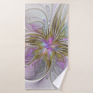 Floral Colourful Abstract Fractal With Pink & Gold Bath Towel