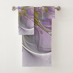 Floral Colourful Abstract Fractal With Pink & Gold Bath Towel Set