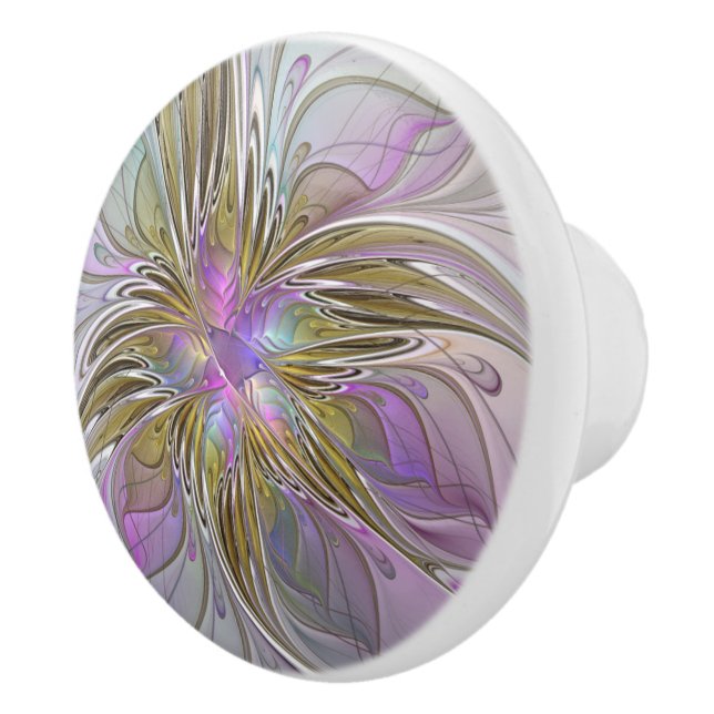 Floral Colourful Abstract Fractal With Pink & Gold Ceramic Knob (Right)