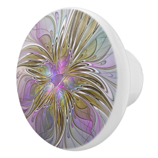 Floral Colourful Abstract Fractal With Pink & Gold Ceramic Knob (Right)