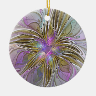 Floral Colourful Abstract Fractal With Pink & Gold Ceramic Tree Decoration