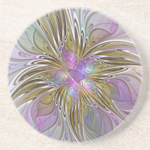 Floral Colourful Abstract Fractal With Pink & Gold Coaster