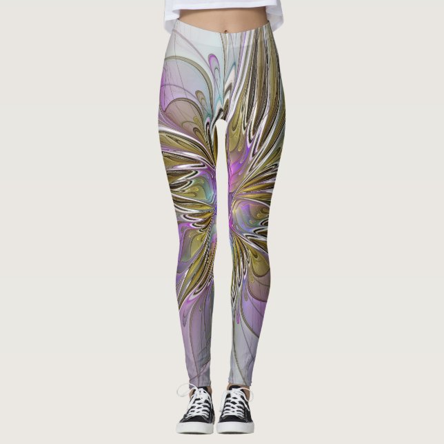 Floral Colourful Abstract Fractal With Pink & Gold Leggings (Front)