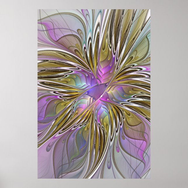 Floral Colourful Abstract Fractal With Pink & Gold Poster (Front)