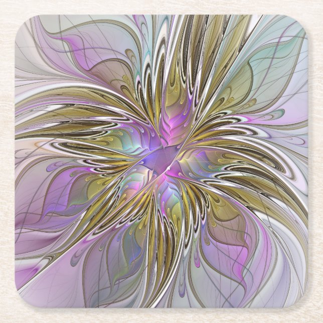 Floral Colourful Abstract Fractal With Pink & Gold Square Paper Coaster (Front)