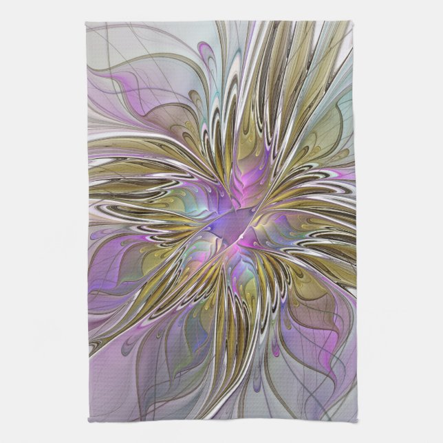Floral Colourful Abstract Fractal With Pink & Gold Tea Towel (Vertical)