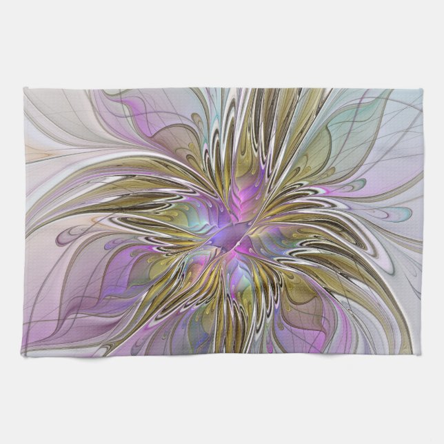 Floral Colourful Abstract Fractal With Pink & Gold Tea Towel (Horizontal)