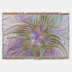 Floral Colourful Abstract Fractal With Pink & Gold Throw Blanket