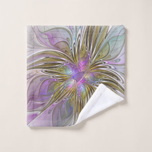 Floral Colourful Abstract Fractal With Pink & Gold Wash Cloth